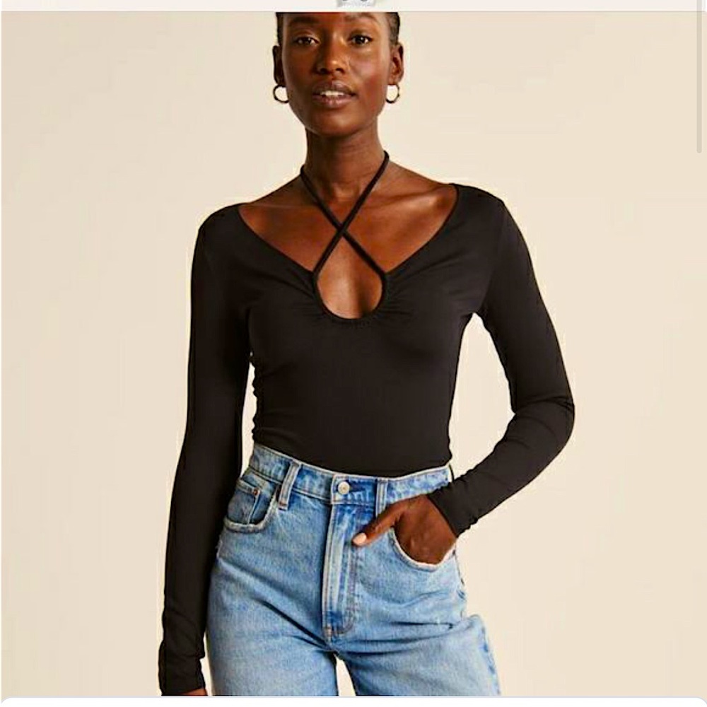 Abercrombie & Fitch Soft&Sexy Black Seamless Keyhole Long Sleeve Bodysuit sz M